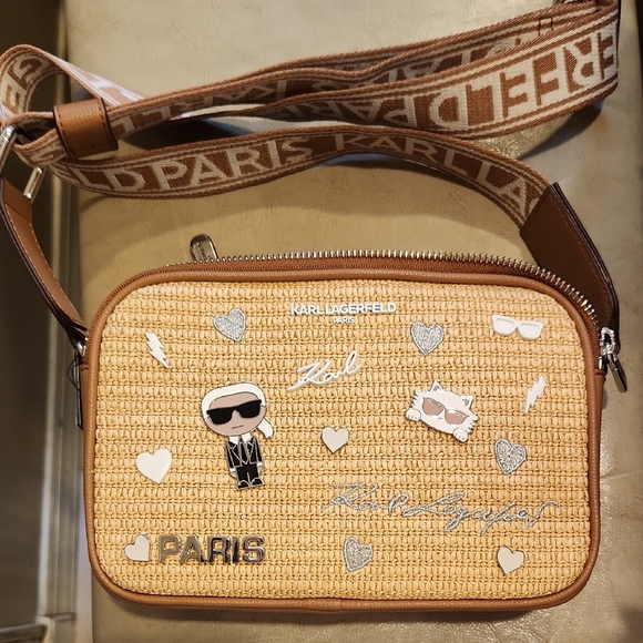 Karl Lagerfeld Brown Leather and Woven Crossbody Bag W Charms & Guitar Strap NWT - Picture 4 of 11